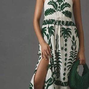 FARM Rio By Anthropologie Embroidered Green and White Leaf Print Dress